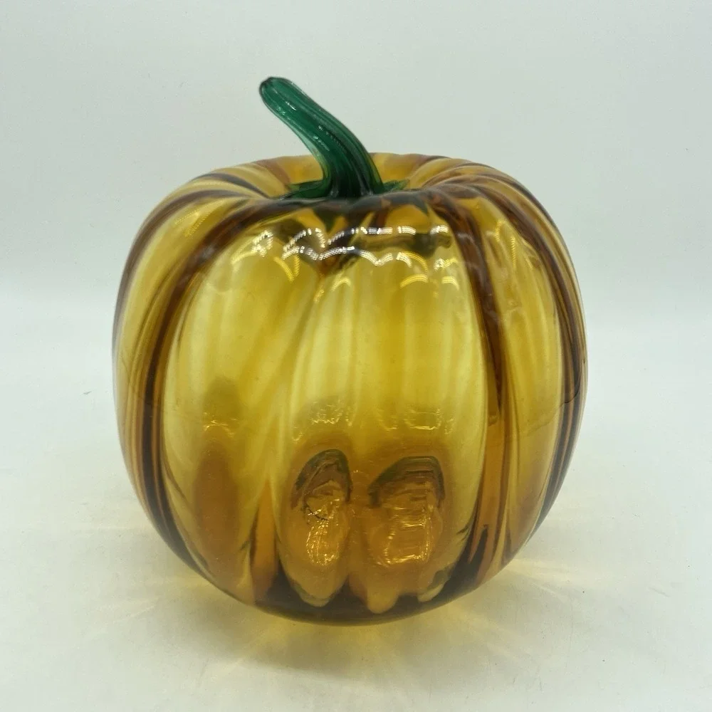 Hand Blown Glass Pumpkin Optic Amber with Topaz Stem 6